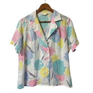 Vintage 80s Retro Grannycore Soft Girl Pastel Floral Button Front Blouse Size M